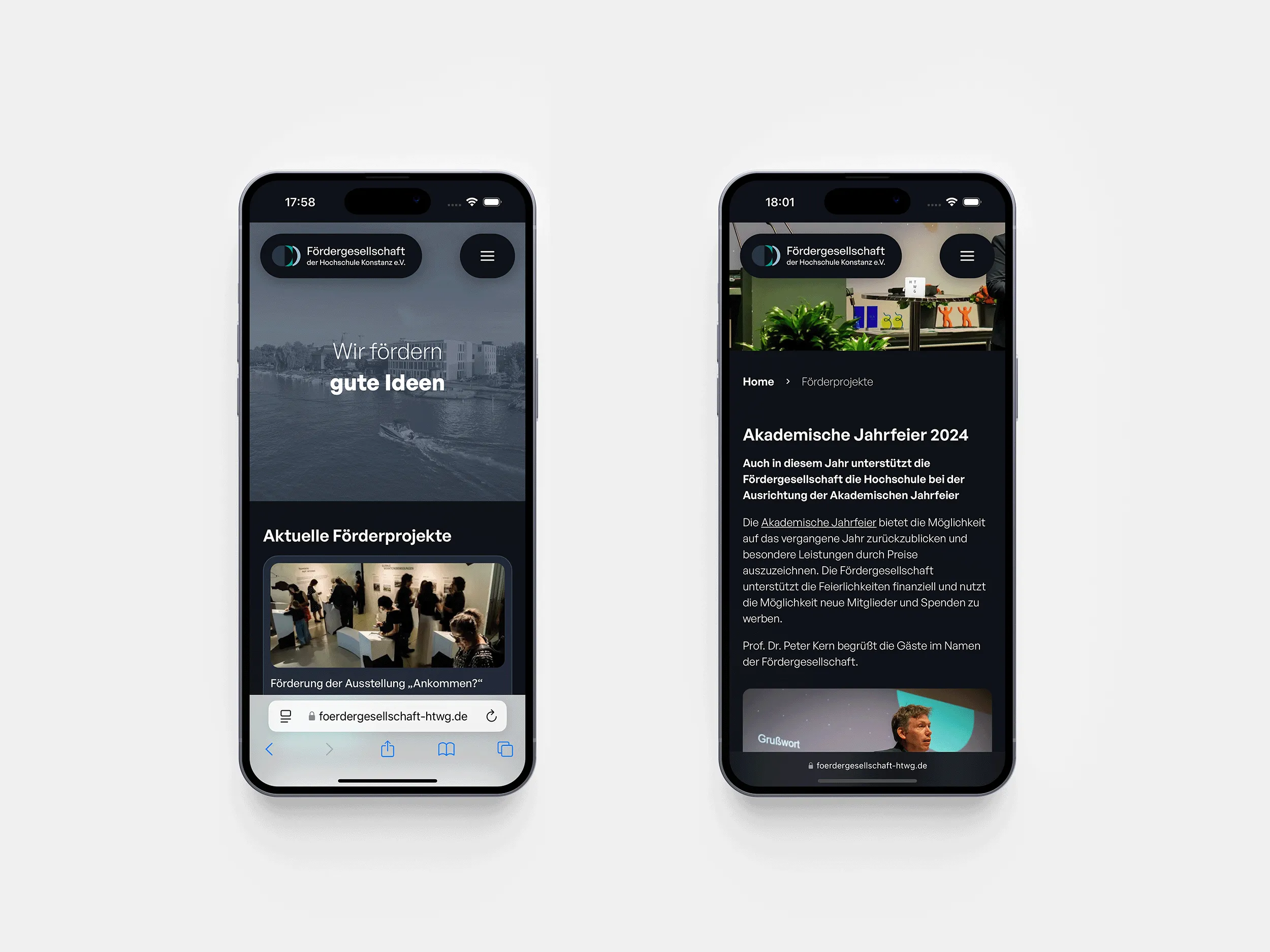 iPhone Mockups of the new Website of the Fördergesellschaft der Hochschule Konstanz e.V.